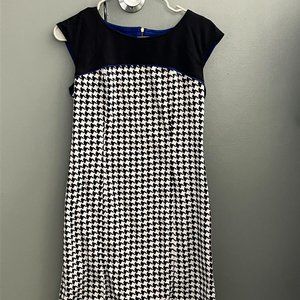 Black & white sleeveless dress with blue lining.  Zips in the back.  Size 6